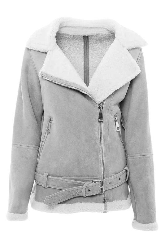 Gray jacket with white collar and fur lining 