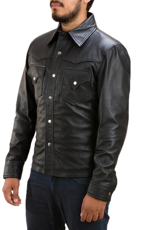 Black leather jacket with a collar