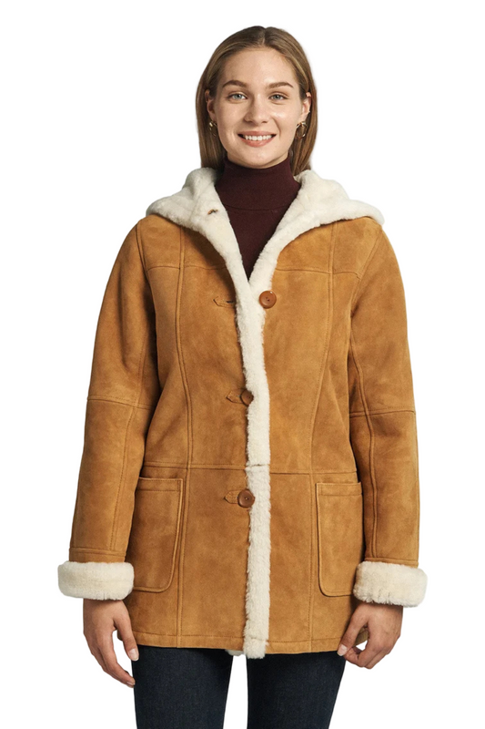 Women’s Shearling Hooded Suede Coat – Camel Brown Winter Jacket with Faux Fur 