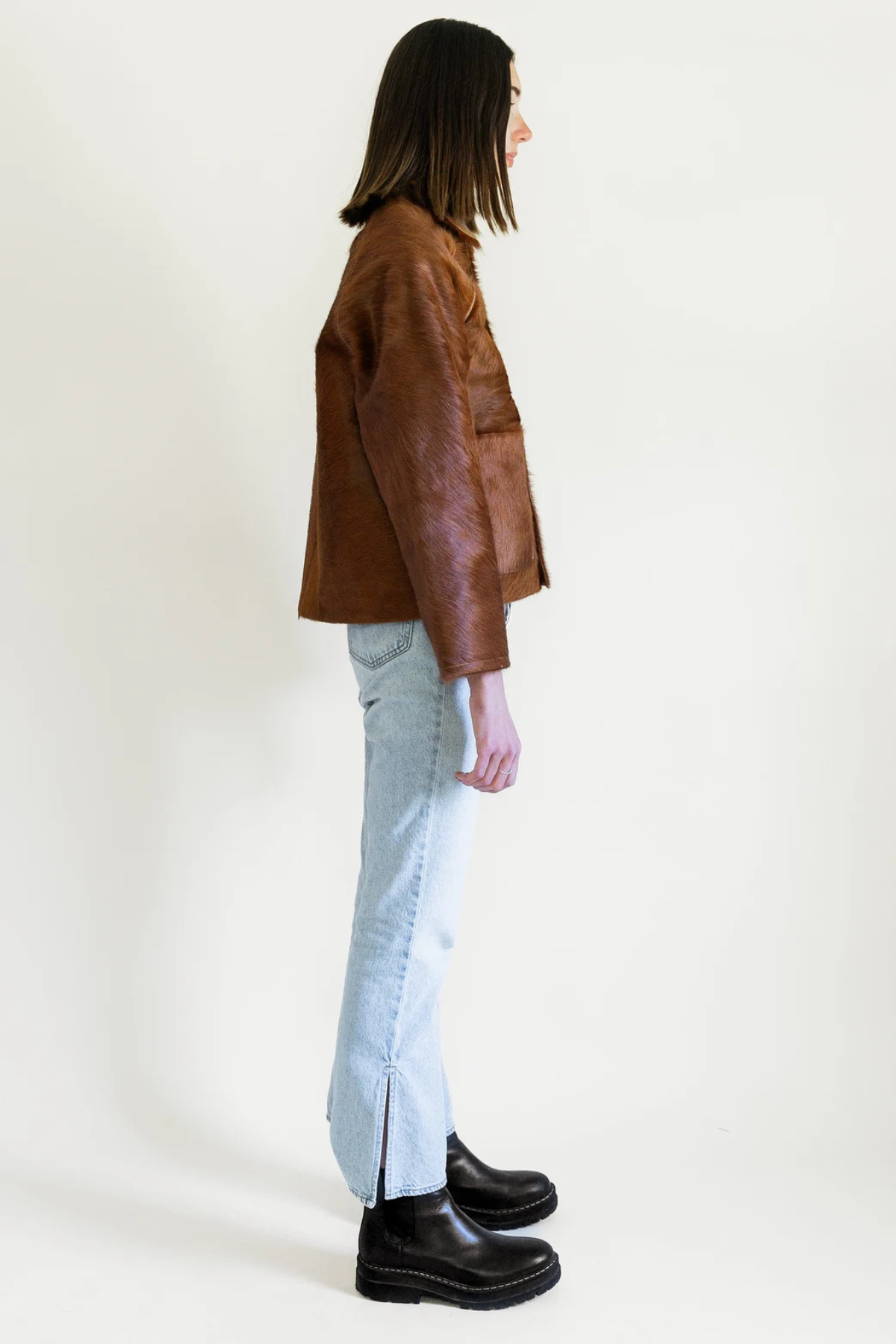 Brown Pony Hair Jacket with Button Front - Women's Statement Outerwear