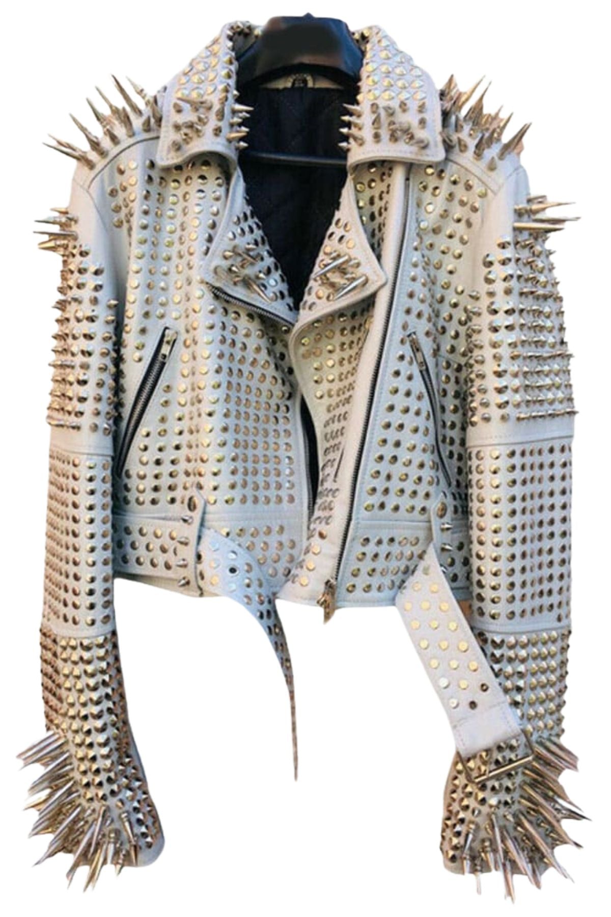 Women’s White Studded & Spiked Leather Biker Jacket – Punk Rock Motorcycle Style