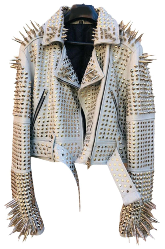 Women’s White Studded & Spiked Leather Biker Jacket – Punk Rock Motorcycle Style