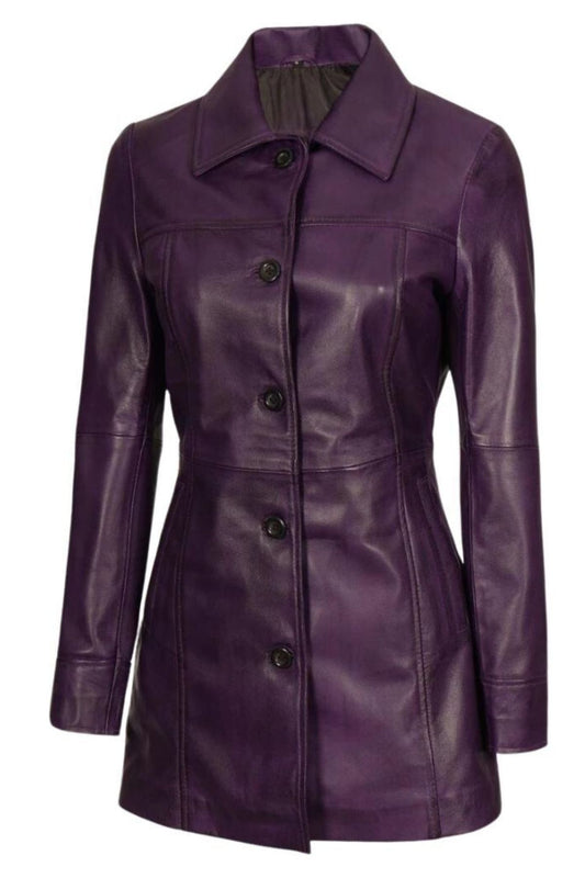 Women's Elegant Purple Leather Trench Coat