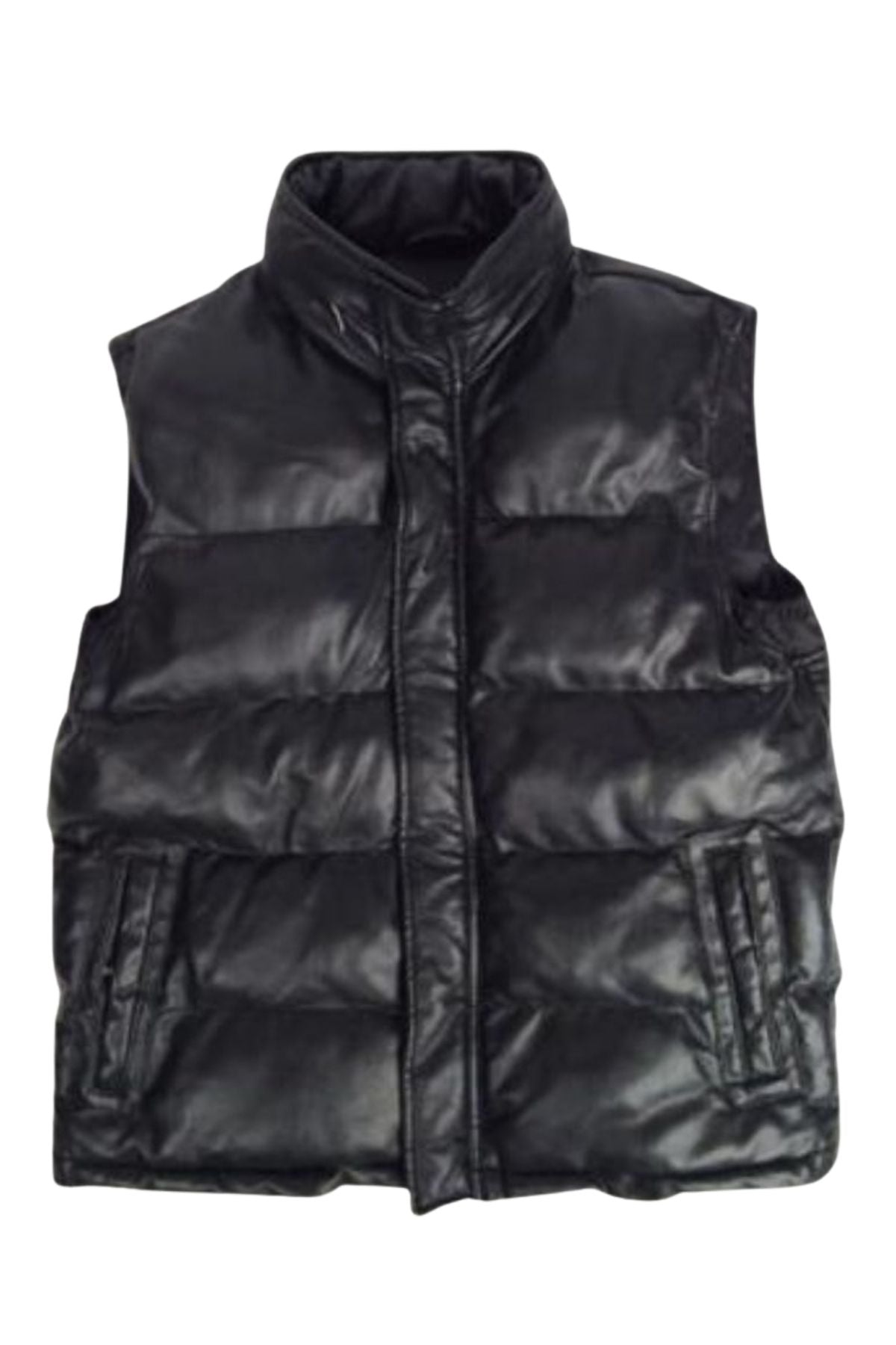 Black puffer vest on a white background