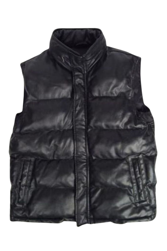 Black puffer vest on a white background