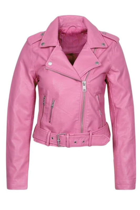 Pink Faux Leather Biker Jacket with Silver Hardware