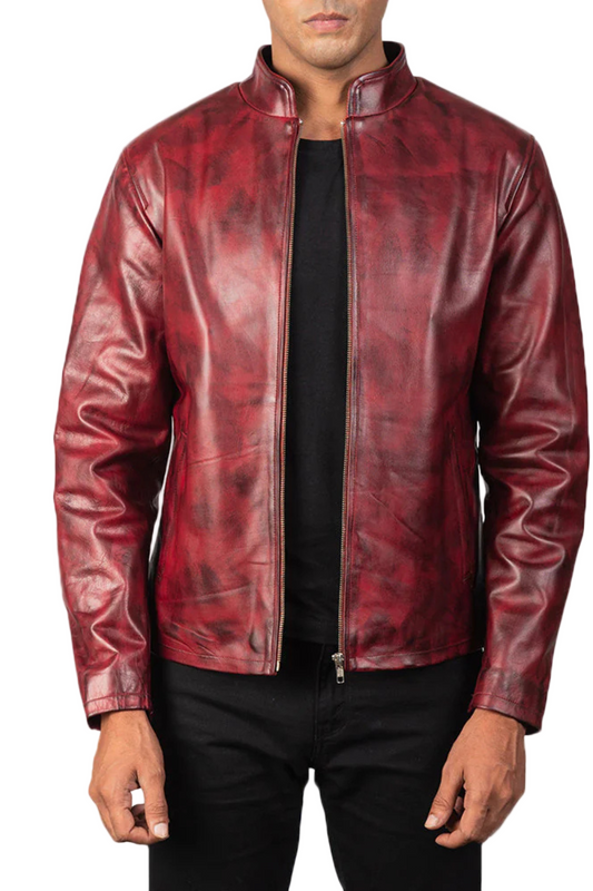 Men's Distressed Burgundy Leather Racer Jacket