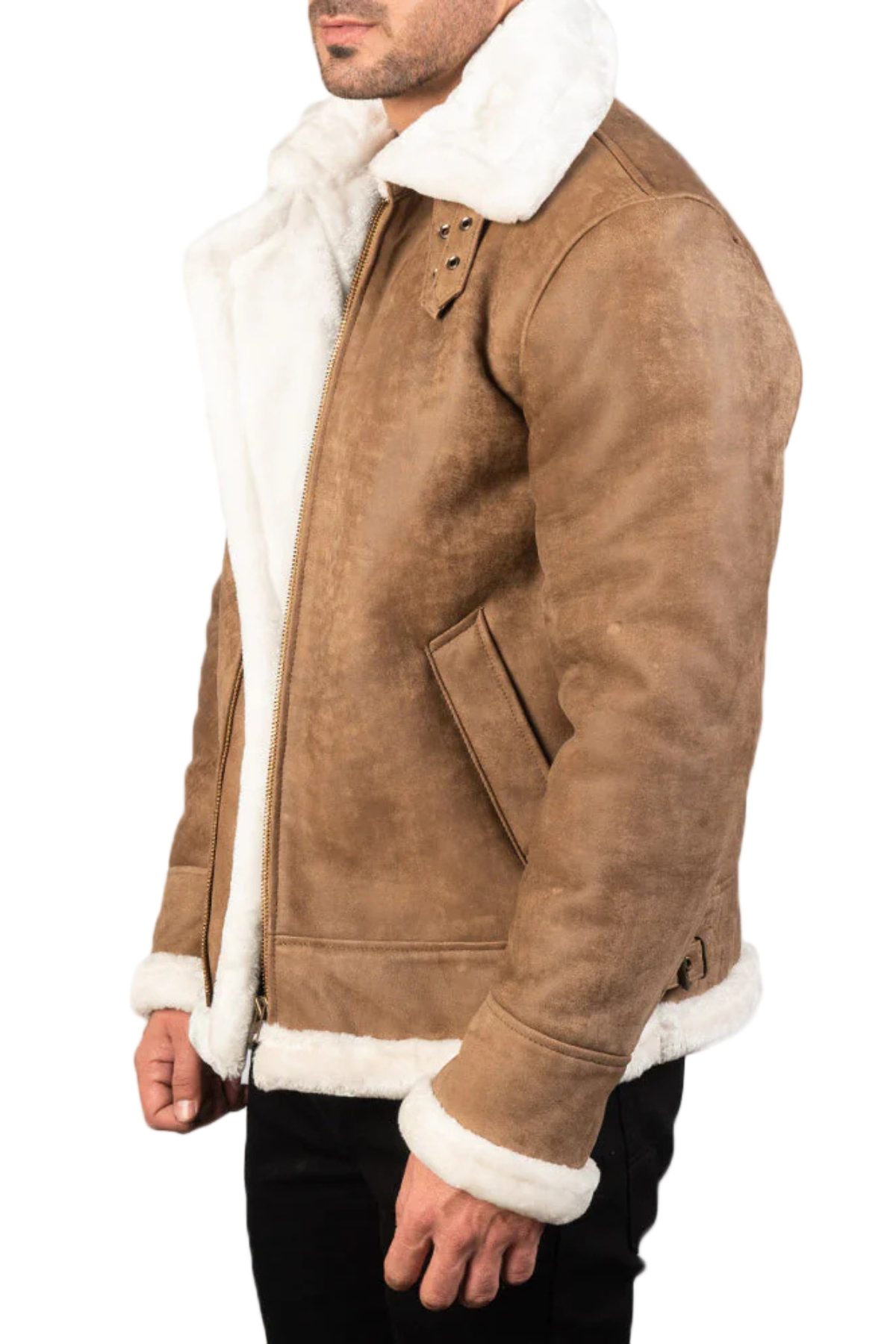 Brown shearling jacket with white fur lining 