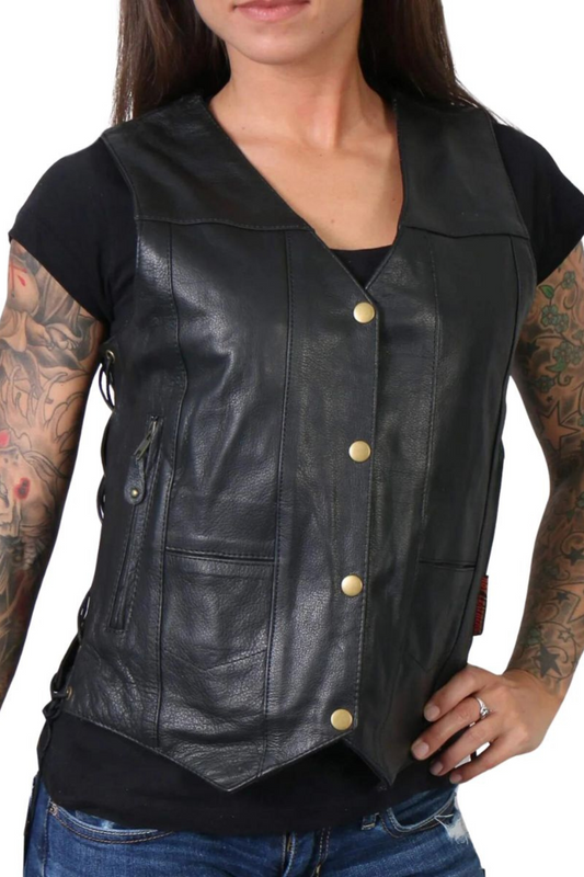 Women's Black Leather Vest with Side Lacing and Snap Buttons