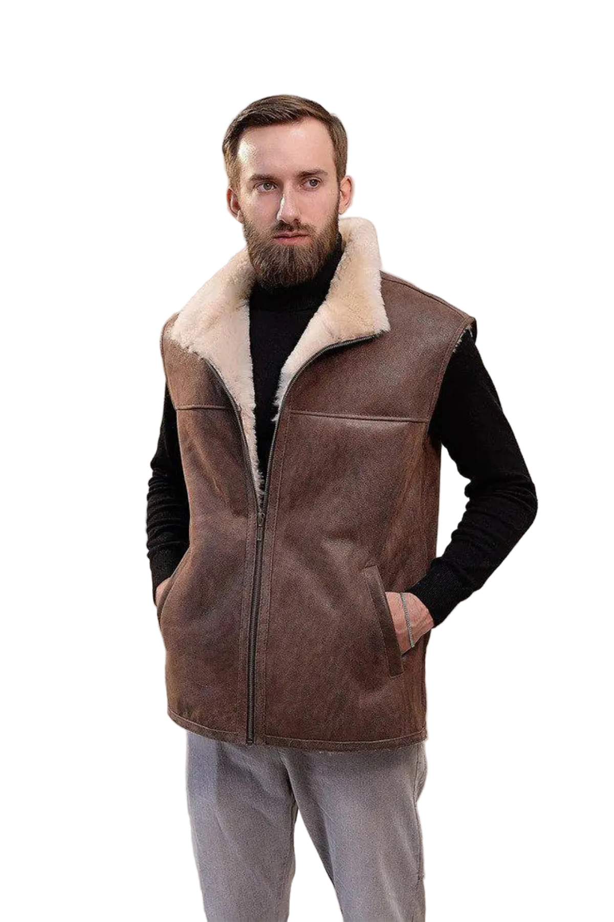 Men's Brown Premium Sheepskin Leather & 100% Real Shearling Fur Gilet Vest
