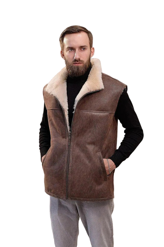 Men's Brown Premium Sheepskin Leather & 100% Real Shearling Fur Gilet Vest