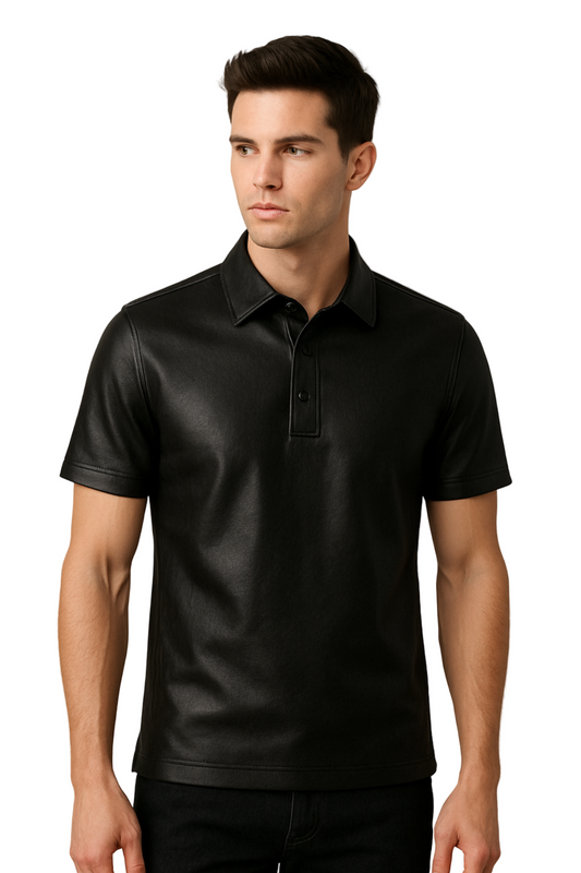 Man wearing a black leather polo shirt 