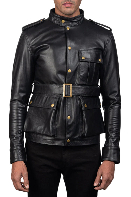 Black leather jacket with gold buttons
