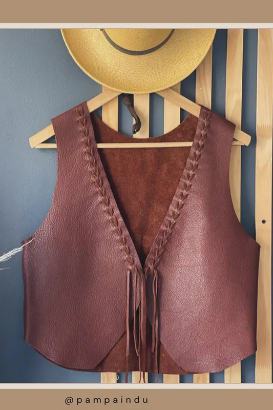 Women's Boho Style Brown Leather Vest with Braided Detail