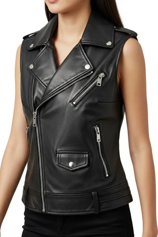 Women's Asymmetrical Black Leather Biker Vest - Premium Cowhide