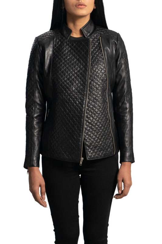Person wearing a black quilted leather jacket 
