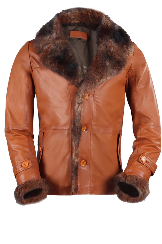 Brown leather jacket with fur collar and cuffs 