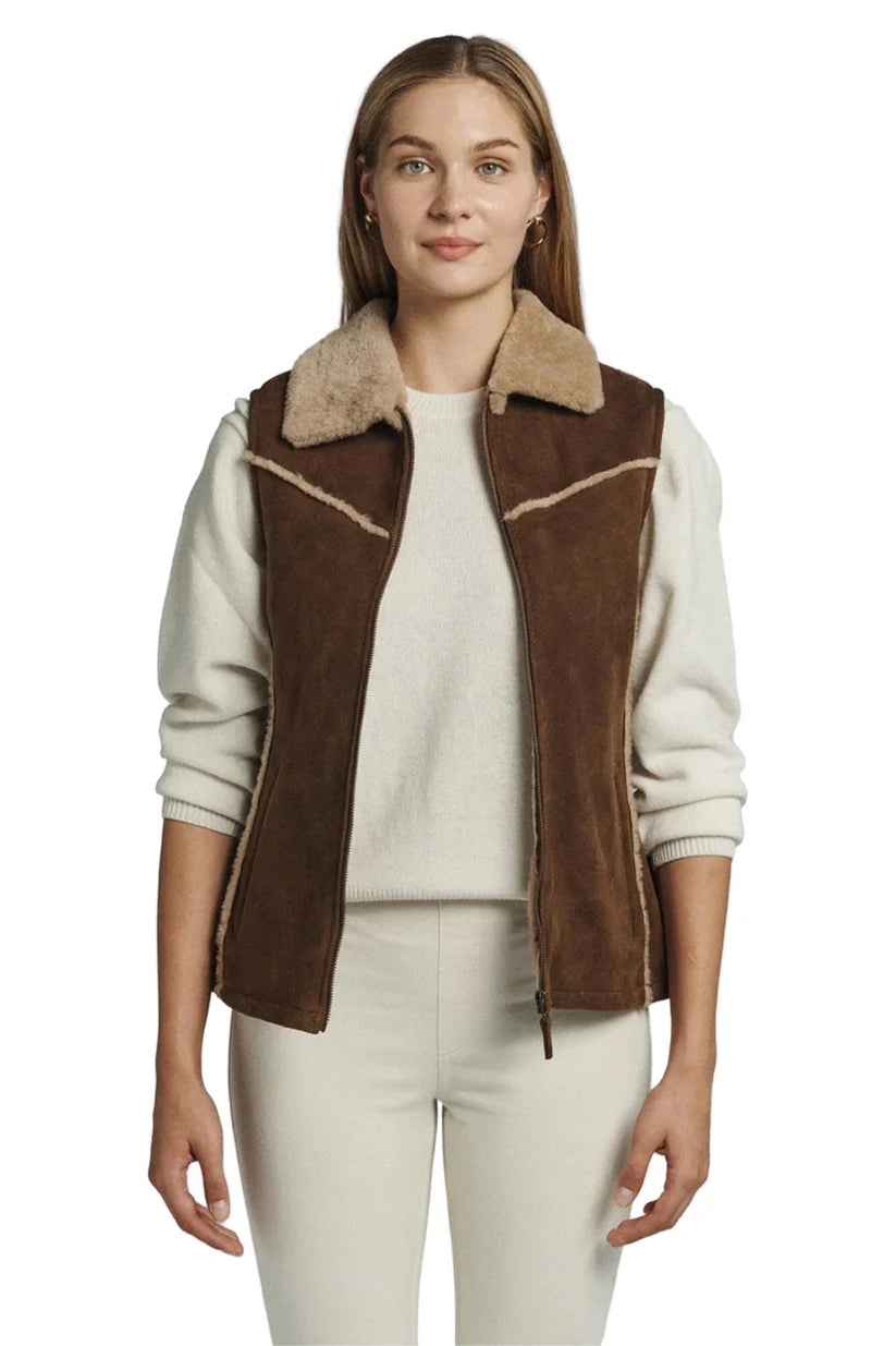 Women's Shearling Lined Brown Suede Vest with Collar fur