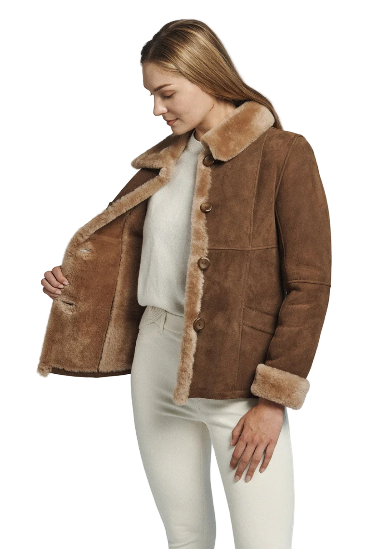Woman wearing a brown shearling jacket 