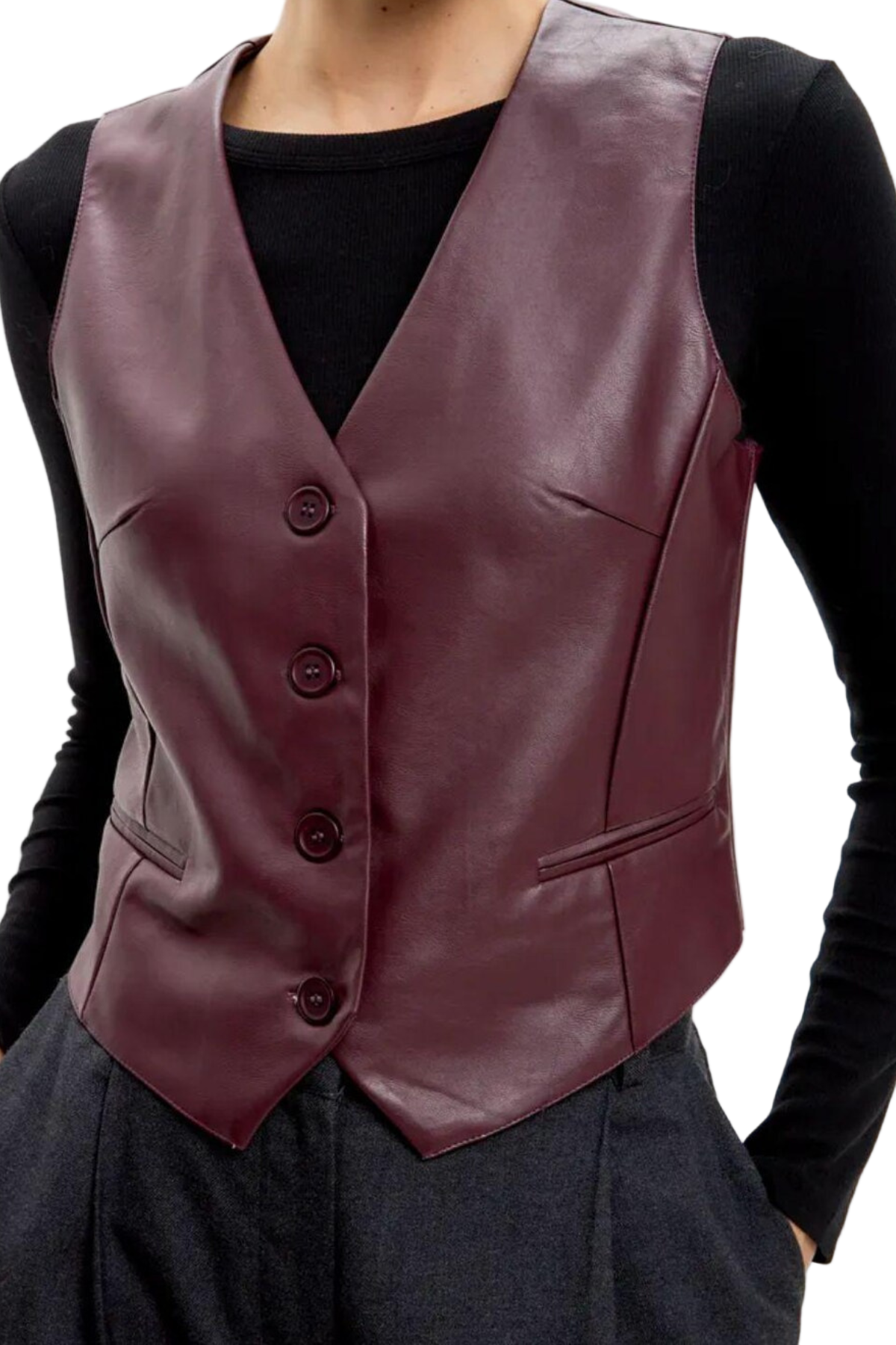 Chic Faux Leather Vest for Women - V-Neck Button-Up Style