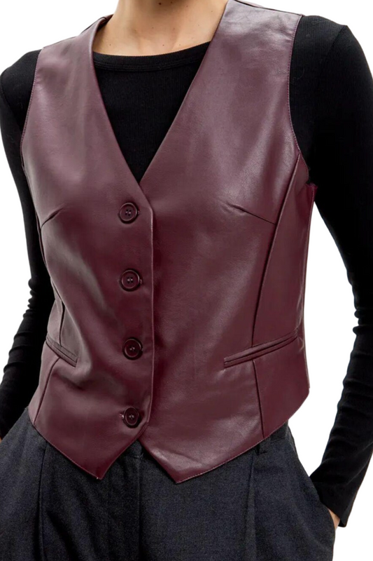 Chic Faux Leather Vest for Women - V-Neck Button-Up Style
