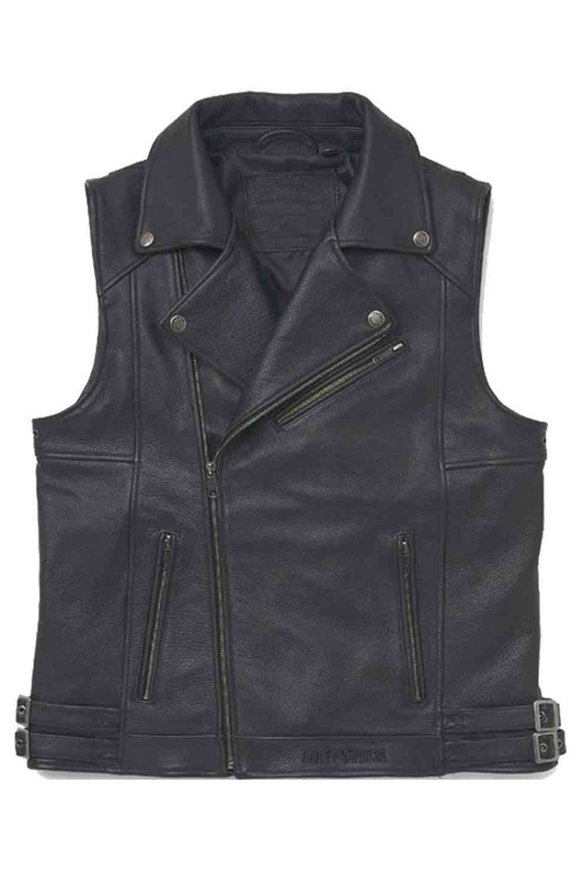 Women's Asymmetrical Zip Black Leather Biker Vest with Collar