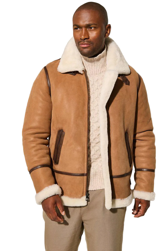 Man wearing a brown shearling jacket with white fur 
