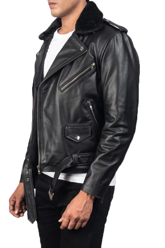 Black leather jacket with fur collar 