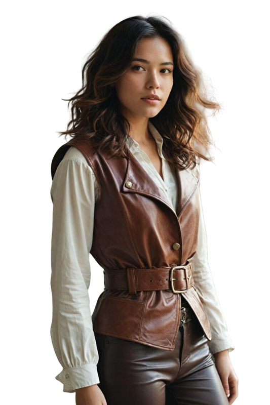 Brown Leather-Look Vest with Belted Detail - Women's Sleeveless Top