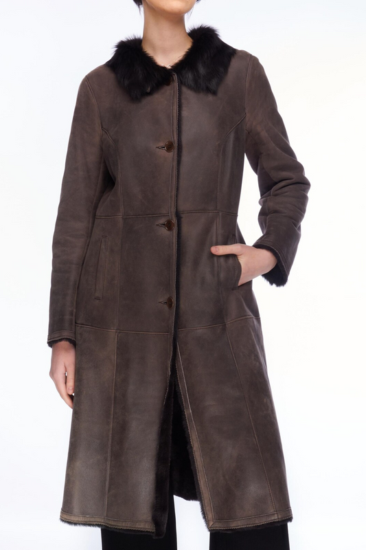 Women's Brown Sheepskin Coat with Black Fur Trim