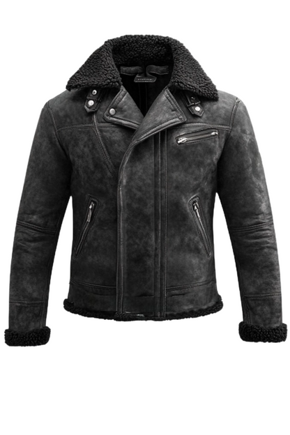 Black leather jacket with shearling collar 