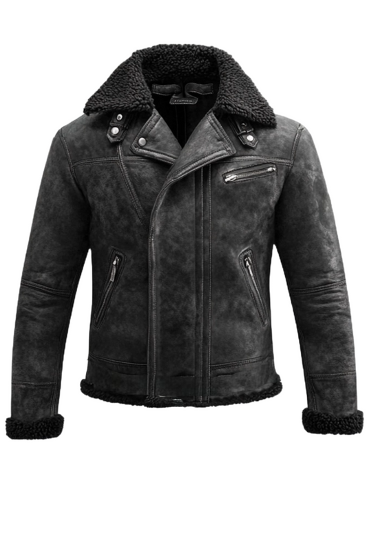 Black leather jacket with shearling collar 