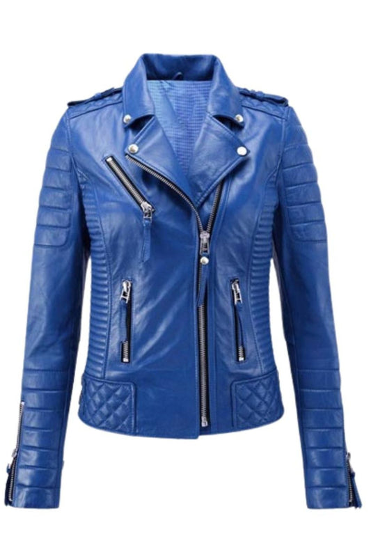 Blue leather jacket with zippers 