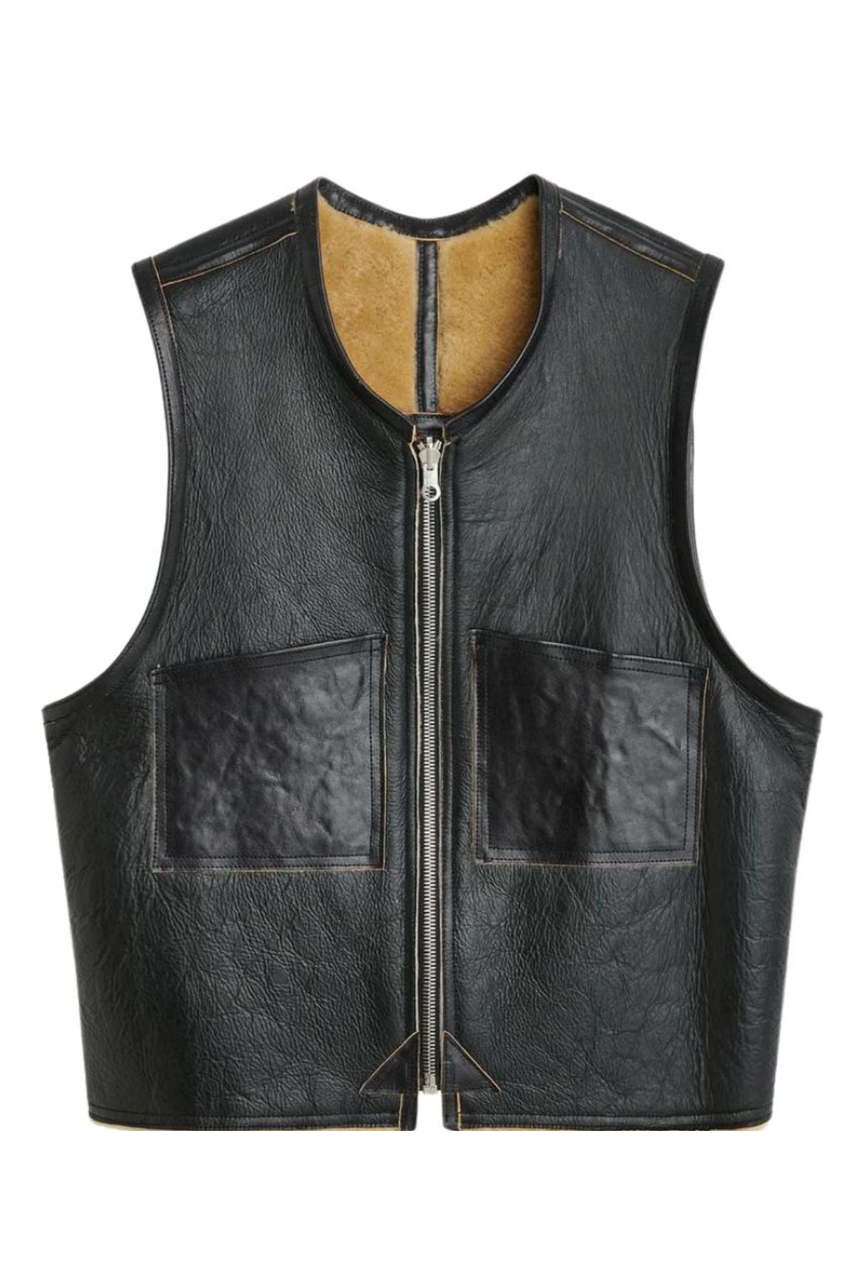 Black leather vest with a zipper on a white background