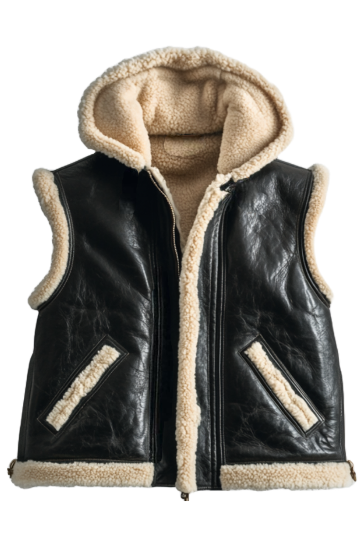 Black leather vest with beige fleece lining 