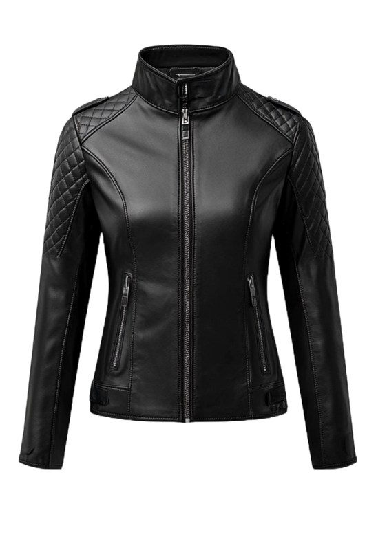 Black leather jacket with quilted shoulder design