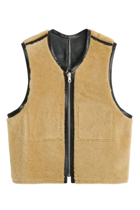 Beige vest with black zipper and trim on a white background