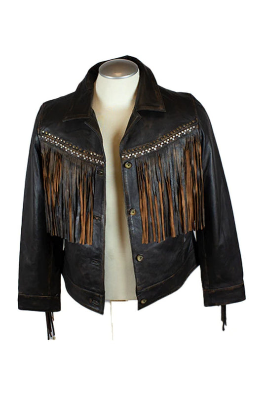 Black leather jacket with fringe details on a mannequin 