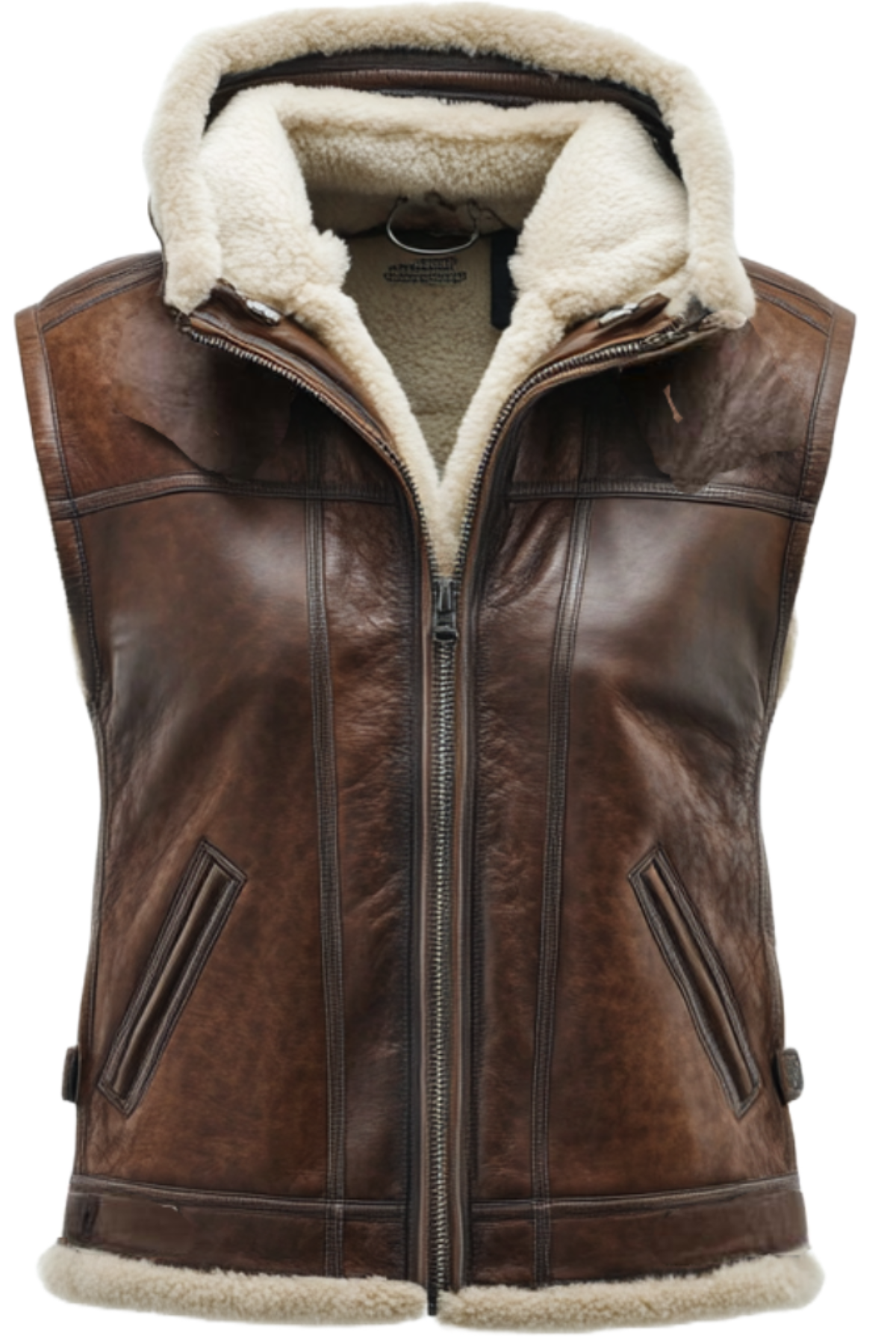 Brown leather vest with white fur lining 
