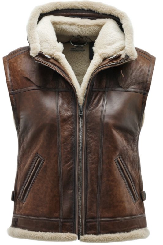 Brown leather vest with white fur lining 