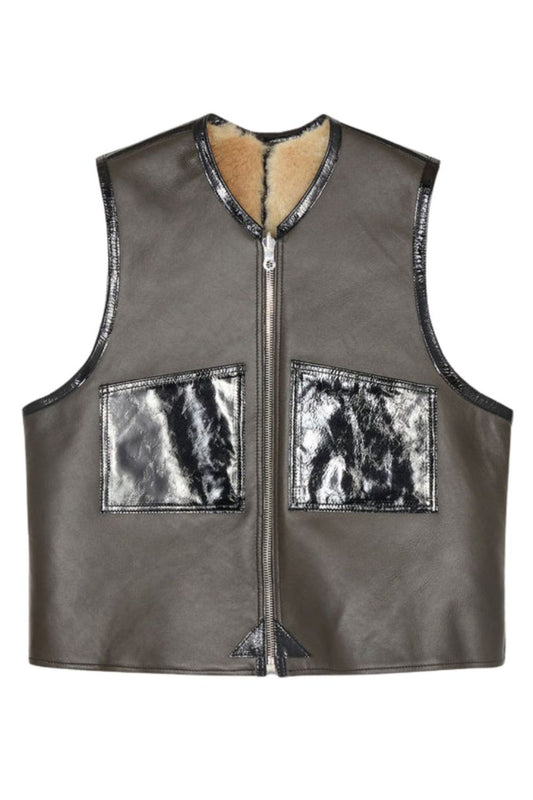 Brown leather vest with fur lining on a white background