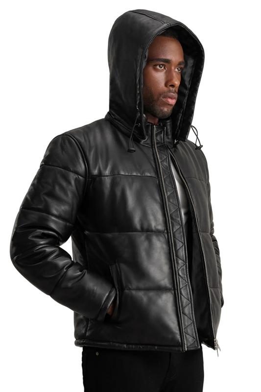 Man wearing a black leather jacket with a hood 