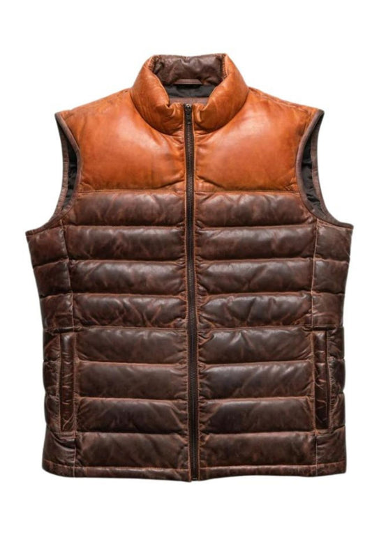 Brown puffer vest with leather accents on a white background