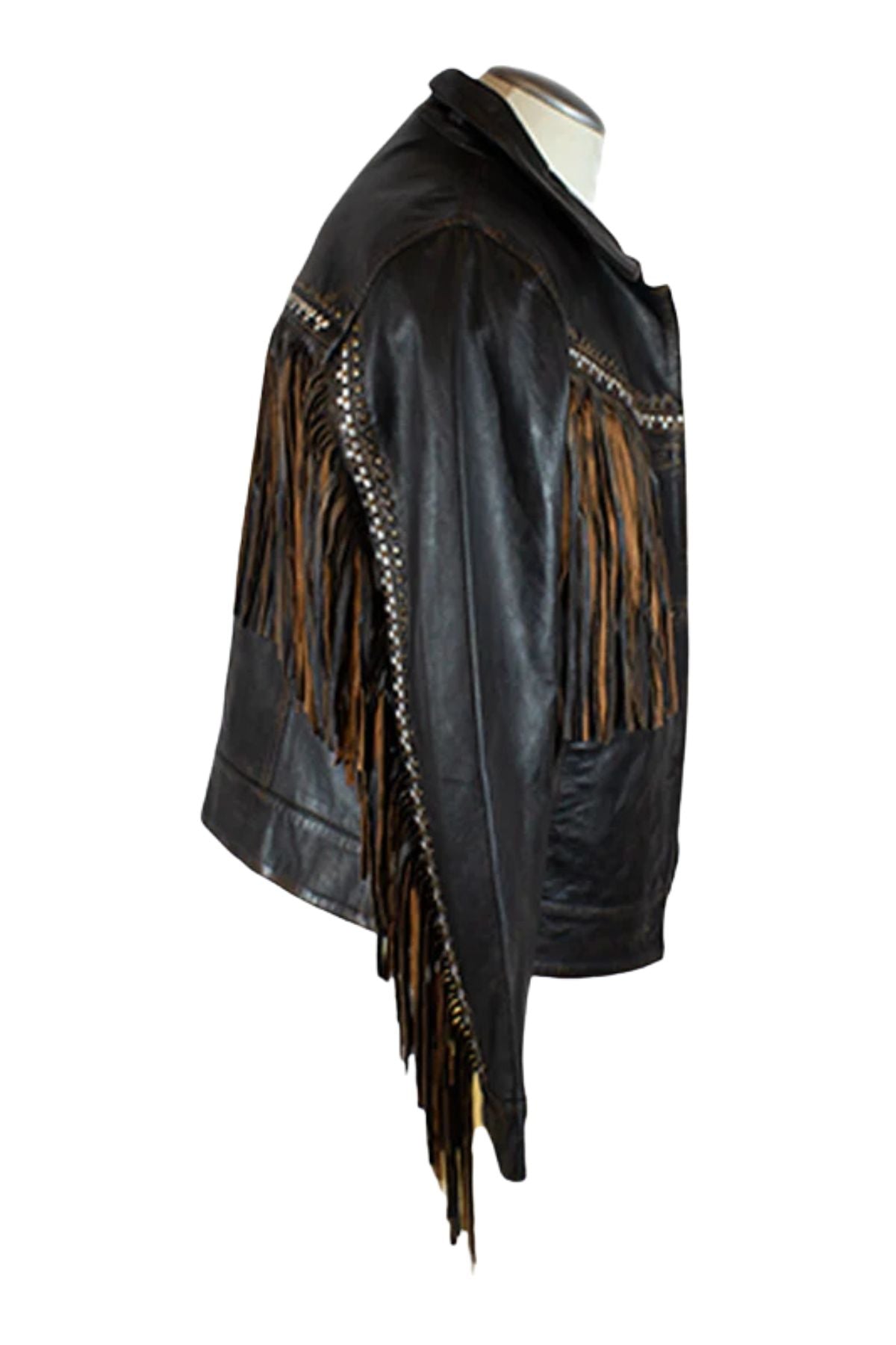 Black leather jacket with fringes on a mannequin 