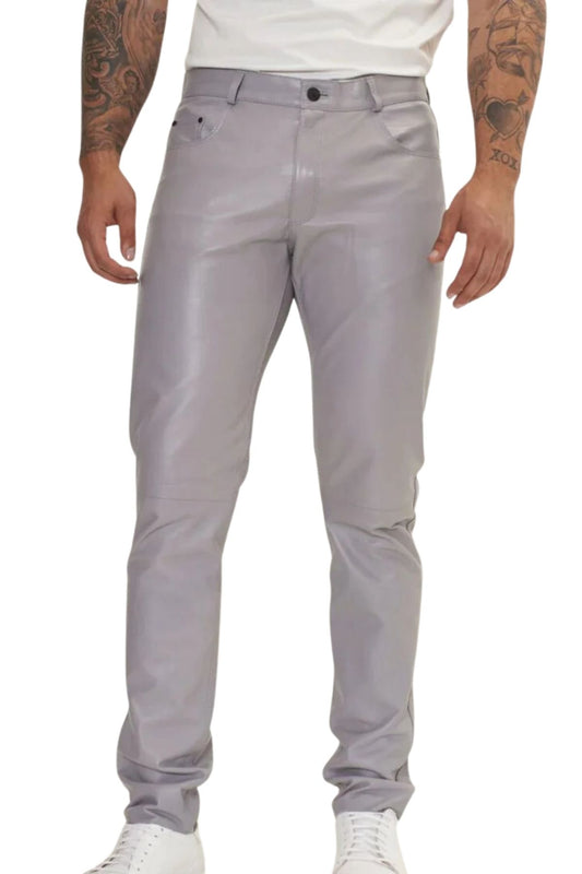 Gray pants worn by a person on a white background