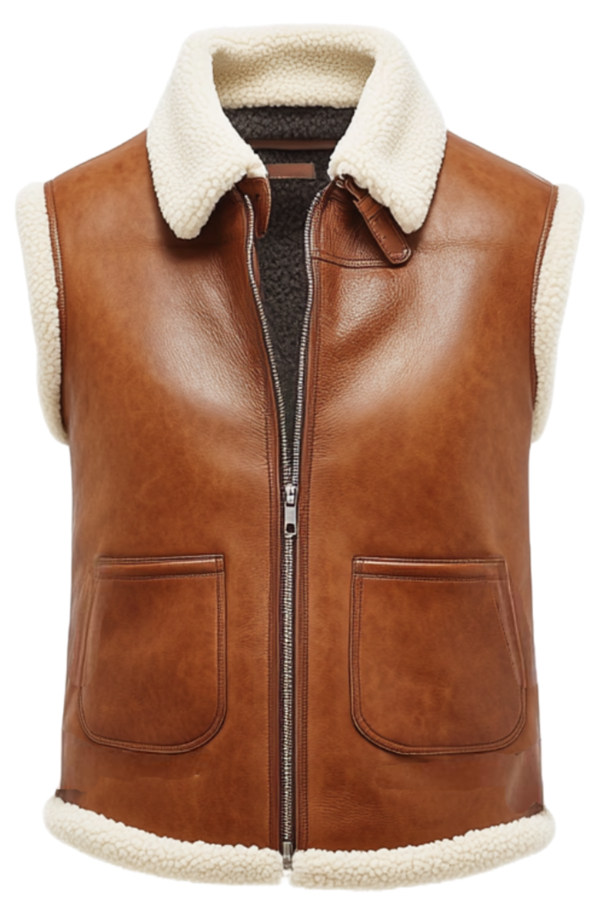 Brown leather vest with white fur lining 