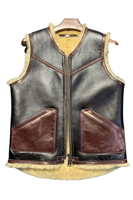 Leather vest with brown leather patches on a white background