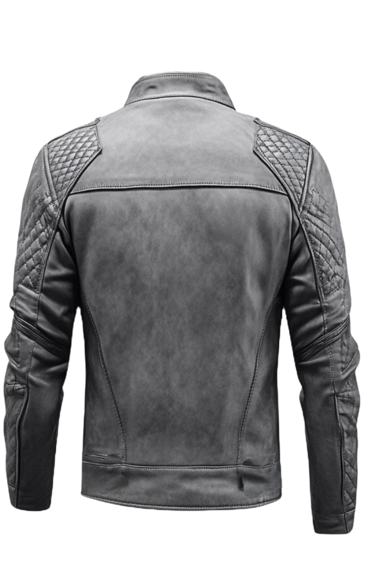Gray leather jacket with quilted shoulder design 