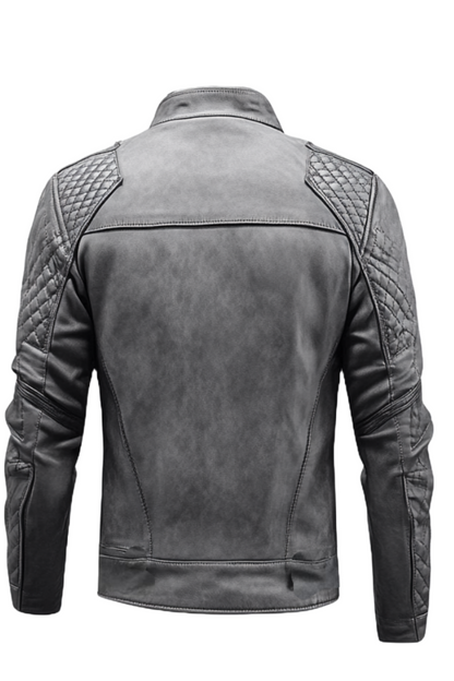Gray leather jacket with quilted shoulder design 