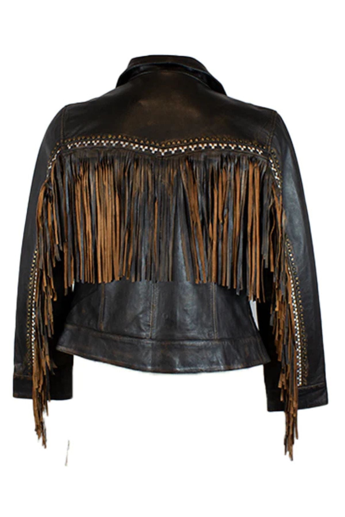 Black leather jacket with brown fringe 